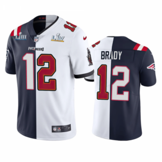 Men's Buccaneers Patriots #12 Tom Brady Split GOAT Two Tone Super Bowl Stitched Jersey White Navy