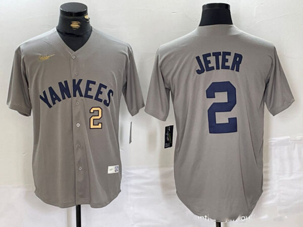 Men's New York Yankees #2 Derek Jeter Grey Cool Base Stitched Baseball Jerseys