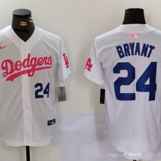 Men's Los Angeles Dodgers #24 Kobe Bryant White Pink Vin & Kobe Patch Stitched Baseball Jerseys