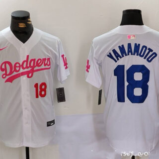 Men's Los Angeles Dodgers #18 Yoshinobu Yamamoto White Pink Vin & Kobe Patch Stitched Baseball Jerseys