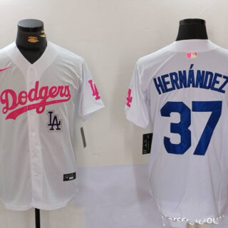 Men's Los Angeles Dodgers #37 Teoscar Hernandez White Pink Vin & Kobe Patch Stitched Baseball Jerseys