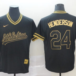 Athletics 24 Rickey Henderson Black Gold Nike Cooperstown Collection Legend V Neck Jersey