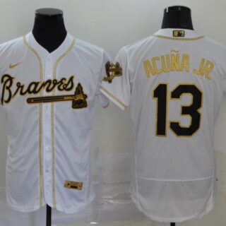 Braves 13 Ronald Acuna Jr. White Gold 2020 Nike Flexbase Jersey
