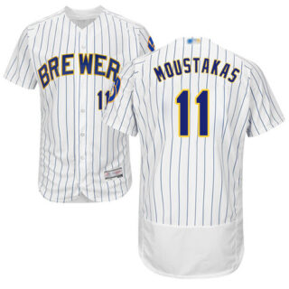 Brewers #11 Mike Moustakas White Strip Flexbase Authentic Collection Stitched Baseball Jersey