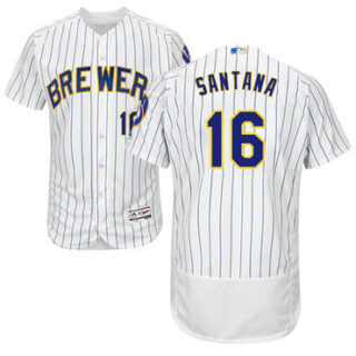 Brewers #16 Domingo Santana White Strip Flexbase Authentic Collection Stitched Baseball Jersey