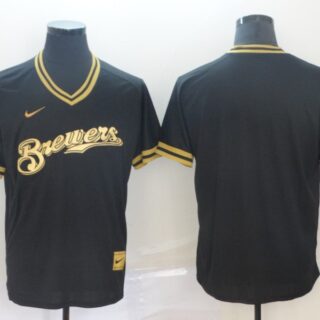 Brewers Blank Black Gold Nike Cooperstown Collection Legend V Neck Jersey