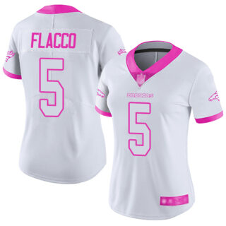 Broncos #5 Joe Flacco White Pink Women's Stitched Football Limited Rush Fashion Jersey