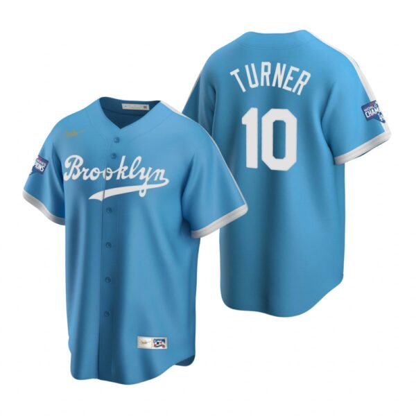 Brooklyn Dodgers #10 Justin Turner Light Blue 2020 World Series Champions Cooperstown Collection Jersey