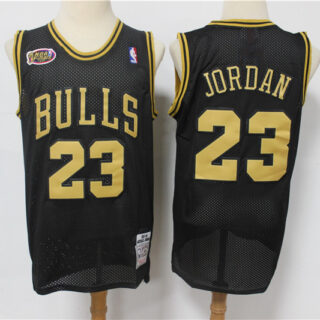 Bulls 23 Michael Jordan Black Gold NBA Finals Patch Jersey