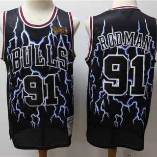 Bulls 91 Dennis Rodman Black Hardwood Classics Lightning Limited Edition Jersey