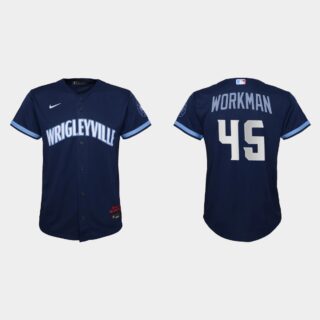 Chicago Cubs #45 Brandon Workman Youth Nike 2021 City Connect Navy MLB Jersey