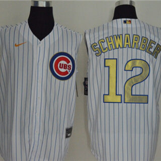 Cubs 12 Kyle Schwarber White Gold Nike Cool Base Sleeveless Jersey