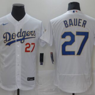 Dodgers 27 Trevor Bauer White Nike 2021 Gold Program Flexbase Jersey