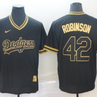 Dodgers 42 Jackie Robinson Black Gold Nike Cooperstown Collection Legend V Neck Jersey