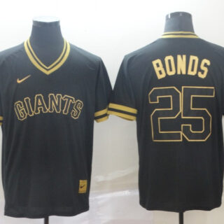 Giants 25 Barry Bonds Black Gold Nike Cooperstown Collection Legend V Neck Jersey