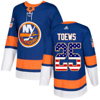 Islanders #25 Devon Toews Royal Blue Home Authentic USA Flag Stitched Hockey Jersey