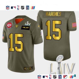 Kansas City Chiefs #15 Patrick Mahomes Men's Nike Olive Gold Super Bowl LIV 2020 2019 Salute to Service Limited NFL 100 Jersey