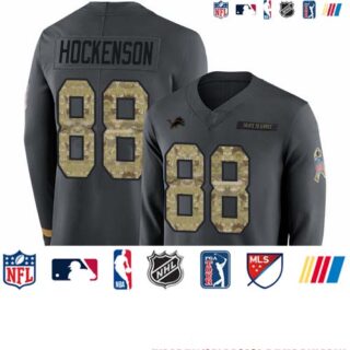 Lions #88 T.J. Hockenson Anthracite Salute to Service Youth Stitched Football Limited Therma Long Sleeve Jersey