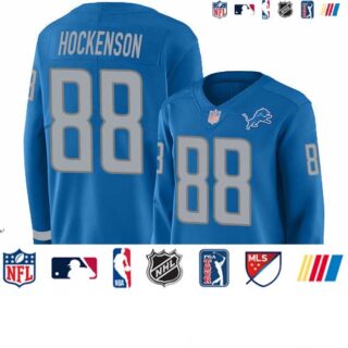 Lions #88 T.J. Hockenson Blue Team Color Women's Stitched Football Limited Therma Long Sleeve Jersey