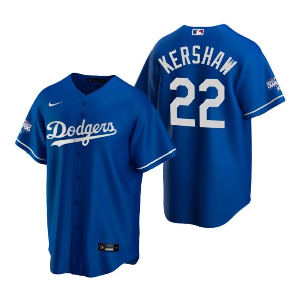 Los Angeles Dodgers 22 Clayton Kershaw Royal 2020 World Series Champions Replica Jersey