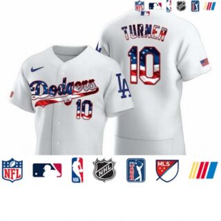Los Angeles Dodgers #10 Justin Turner Men's Nike White Fluttering USA Flag Limited Edition Authentic MLB Jersey