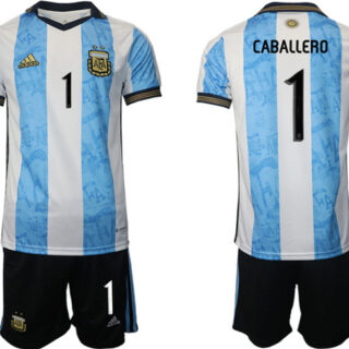 Men's Argentina #1 Caballero White Blue Home Soccer Jersey Suit