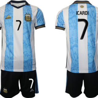 Men's Argentina #7 Icardi White Blue Home Soccer Jersey Suit