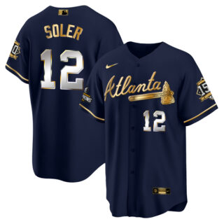 Men's Atlanta Braves #12 Jorge Soler 2021 Navy Gold World Series Champions With 150th Anniversary Patch Cool Base Stitched Jersey