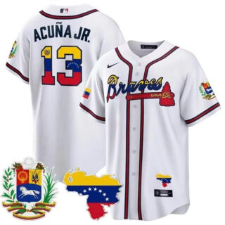 Men's Atlanta Braves #13 Ronald Acuña Jr. 2023 White With Patch Cool Base Stitched Jersey