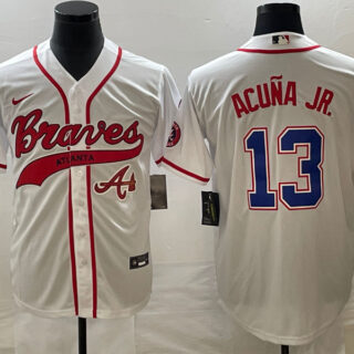Men's Atlanta Braves #13 Ronald Acuña Jr. White Cool Base With Patch Stitched Baseball Jersey