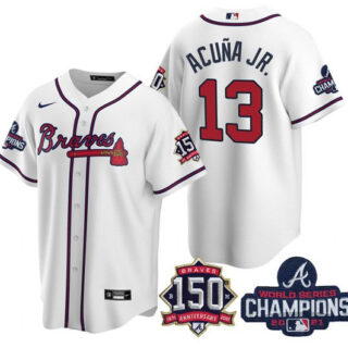 Men's Atlanta Braves #13 Ronald Acuna Jr. 2021 White World Series Champions With 150th Anniversary Patch Cool Base Stitched Jersey