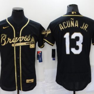 Men's Atlanta Braves #13 Ronald Acuna Jr Black 2021 Golden Edition Stitched Flex Base Nike Jersey