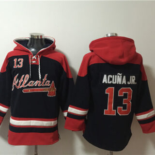 Men's Atlanta Braves #13 Ronald Acuna Jr. Navy Red Ageless Must-Have Lace-Up Pullover Hoodie