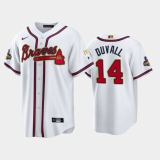 Men's Atlanta Braves #14 Adam Duvall 2022 White Gold World Series Champions Program Cool Base Stitched Baseball Jersey
