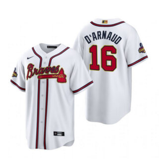 Men's Atlanta Braves #16 Travis D'Arnaud White 2022-23 Gold Cool Base Stitched Baseball Jersey
