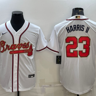 Men's Atlanta Braves #23 Michael Harris II White Gold World Series Champions Program Cool Base Stitched Baseball Jersey