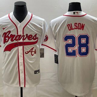 Men's Atlanta Braves #28 Matt Olson White Cool Base With Patch Stitched Baseball Jersey