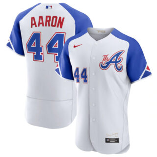 Men's Atlanta Braves #44 Hank Aaron White 2023 City Connect Flex Base Stitched Jersey