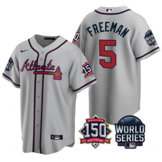 Men's Atlanta Braves #5 Freddie Freeman 2021 Gray World Series With 150th Anniversary Patch Cool Base Stitched Jersey