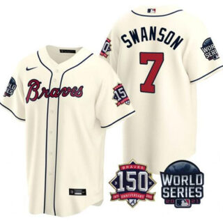 Men's Atlanta Braves #7 Dansby Swanson 2021 Cream World Series With 150th Anniversary Patch Cool Base Stitched Jersey