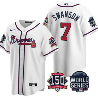 Men's Atlanta Braves #7 Dansby Swanson 2021 White World Series With 150th Anniversary Patch Cool Base Stitched Jersey
