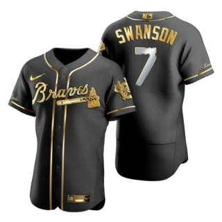 Men's Atlanta Braves #7 Dansby Swanson Black Golden Flex Base Stitched Jersey