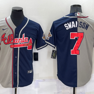 Men's Atlanta Braves #7 Dansby Swanson Gray Navy Two Tone Split Cool Base Stitched Baseball Jersey