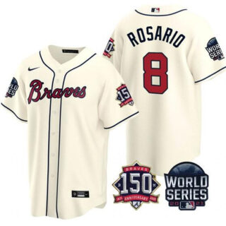 Men's Atlanta Braves #8 Eddie Rosario 2021 Cream World Series With 150th Anniversary Patch Cool Base Stitched Jersey