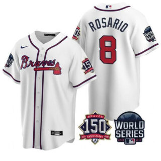 Men's Atlanta Braves #8 Eddie Rosario 2021 White World Series With 150th Anniversary Patch Cool Base Stitched Jersey