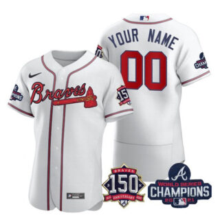 Men's Atlanta Braves Customized 2021 White World Series Champions With 150th Anniversary Flex Base Stitched Jersey