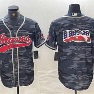 Men's Atlanta Braves Gray Camo Team Big Logo Cool Base With Patch Stitched Baseball Jersey