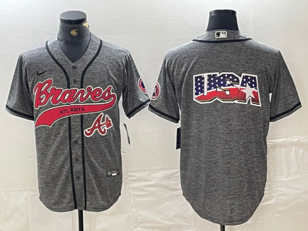 Men's Atlanta Braves Gray Team Big Logo Cool Base With Patch Stitched Baseball Jerseys