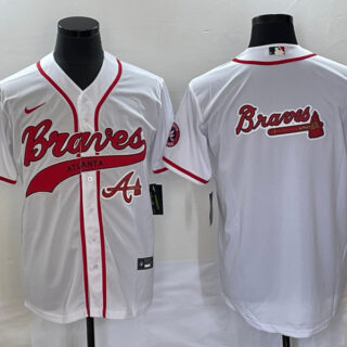 Men's Atlanta Braves White Team Big Logo Cool Base With Patch Stitched Baseball Jersey
