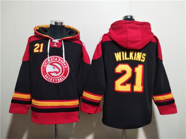 Men's Atlanta Hawks #21 Dominique Wilkins Black Red Lace-Up Pullover Hoodie